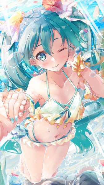 Anime picture 3240x5760 with vocaloid hatsune miku daidou (demitasse) long hair tall image looking at viewer blush fringe highres light erotic smile hair between eyes twintails payot absurdres nail polish one eye closed arm up hair flower aqua eyes