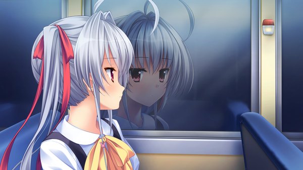 Anime picture 1280x720 with natsu no iro no nostalgia moonstone maniwa shouko yamakaze ran single long hair blush red eyes wide image twintails game cg silver hair reflection girl ribbon (ribbons) hair ribbon