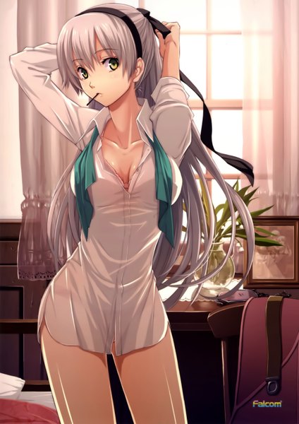 Anime picture 2100x2970 with eiyuu densetsu zero no kiseki falcom (studio) elie macdowell single long hair tall image looking at viewer highres light erotic standing yellow eyes silver hair arms up mouth hold girl shirt window hairband curtains