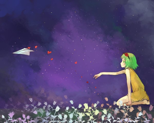 Anime picture 1280x1024 with vocaloid campanella (vocaloid) gumi charimei single short hair sitting green eyes profile green hair night girl dress flower (flowers) heart goggles paper airplane
