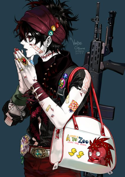 Anime picture 660x935 with happy tree friends flaky pigeon666 single tall image short hair black hair red eyes brown hair looking away nail polish parted lips profile multicolored hair two-tone hair short sleeves dark background scar crossed arms pale skin