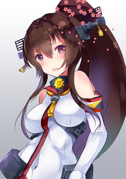 Anime picture 661x935 with kantai collection yamato super battleship henet hene single tall image looking at viewer blush fringe breasts open mouth simple background brown hair purple eyes bare shoulders upper body ponytail very long hair hair flower grey background embarrassed