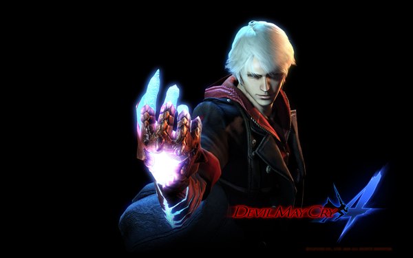 Anime picture 1920x1200 with devil may cry nero (devil may cry) highres short hair wide image white hair magic black background boy gloves jacket cloak
