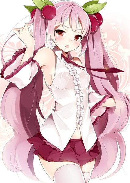 Anime picture 569x800 with vocaloid hatsune miku sakura miku kawauchi (kaz7ry) single long hair tall image looking at viewer blush breasts open mouth red eyes twintails pink hair pleated skirt wide sleeves girl thighhighs skirt navel