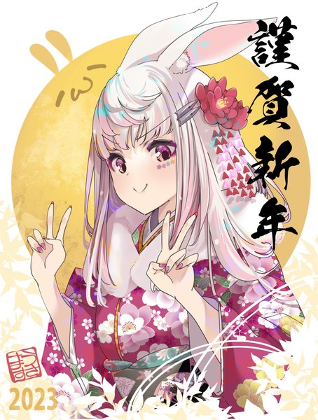 Anime picture 1832x2419 with original thomasz single long hair tall image fringe highres smile purple eyes animal ears upper body white hair nail polish traditional clothes japanese clothes bunny ears floral print victory bunny girl new year