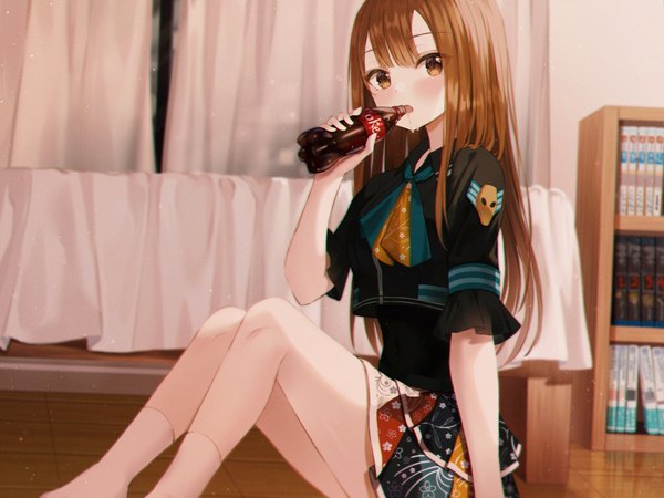 Anime picture 3000x2250 with original coca-cola wabbajack single long hair looking at viewer blush fringe highres open mouth brown hair sitting holding brown eyes bent knee (knees) indoors short sleeves anaglyph drinking girl