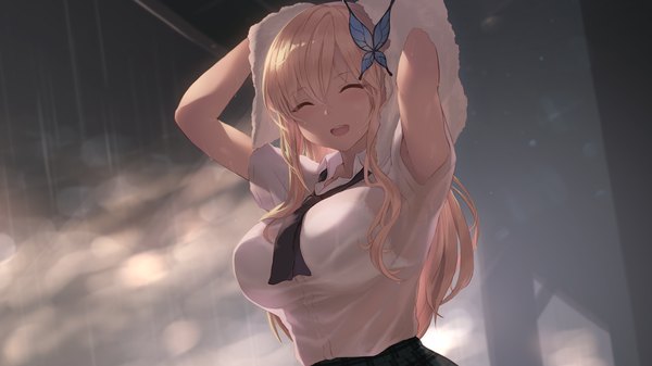 Anime picture 1920x1080 with boku wa tomodachi ga sukunai kashiwazaki sena cait single long hair blush fringe highres breasts open mouth light erotic blonde hair hair between eyes wide image large breasts payot cloud (clouds) upper body eyes closed blurry