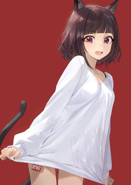 Anime picture 1000x1415 with virtual youtuber kmnz liz kmnz liz (character) modare single tall image looking at viewer blush fringe short hair breasts open mouth simple background brown hair standing animal ears tail blunt bangs nail polish animal tail