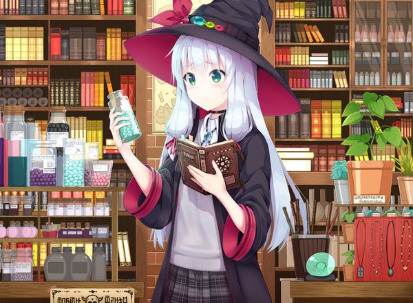 Anime picture 1362x1000 with original kaie single long hair blush fringe hair between eyes holding green eyes payot looking away white hair indoors long sleeves open clothes wide sleeves plaid skirt plaid girl skirt