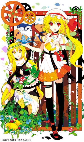 Anime picture 593x1000 with touhou flandre scarlet kirisame marisa ideolo long hair tall image fringe short hair open mouth blonde hair hair between eyes red eyes multiple girls yellow eyes very long hair alternate costume one side up girl thighhighs dress