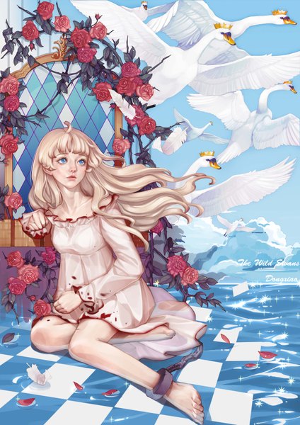 Anime picture 2480x3508 with dong xiao single long hair tall image blush fringe highres blue eyes blonde hair sitting bare shoulders holding signed looking away sky cloud (clouds) ahoge barefoot wind inscription