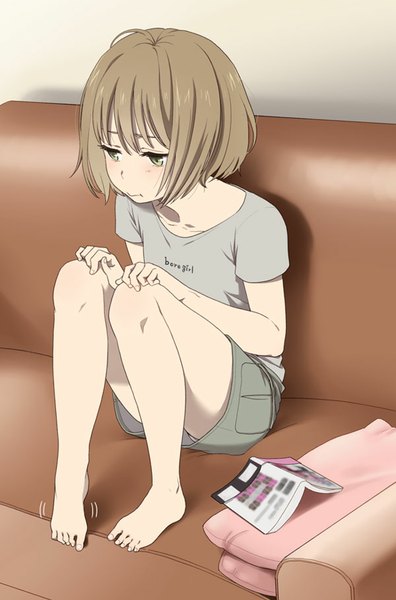 Anime picture 600x909 with original mattaku mousuke tall image blush fringe short hair brown hair sitting green eyes looking away bent knee (knees) indoors barefoot text english clothes writing hand on knee :t pout shorts