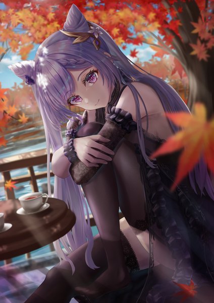 Anime picture 2894x4093 with genshin impact keqing (genshin impact) otabaaa single long hair tall image fringe highres breasts light erotic smile sitting purple eyes twintails bare shoulders sky purple hair cloud (clouds) outdoors hair bun (hair buns)
