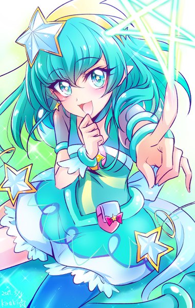 Anime picture 1800x2840 with precure star twinkle precure toei animation hagoromo lala cure milky kiraki single long hair tall image looking at viewer blush fringe highres simple background smile hair between eyes sitting aqua eyes pointy ears aqua hair