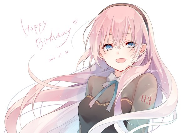 Anime picture 1200x848 with vocaloid megurine luka kuroi (liar-player) single long hair looking at viewer fringe open mouth blue eyes simple background hair between eyes white background signed pink hair upper body :d wind twitter username dated happy birthday