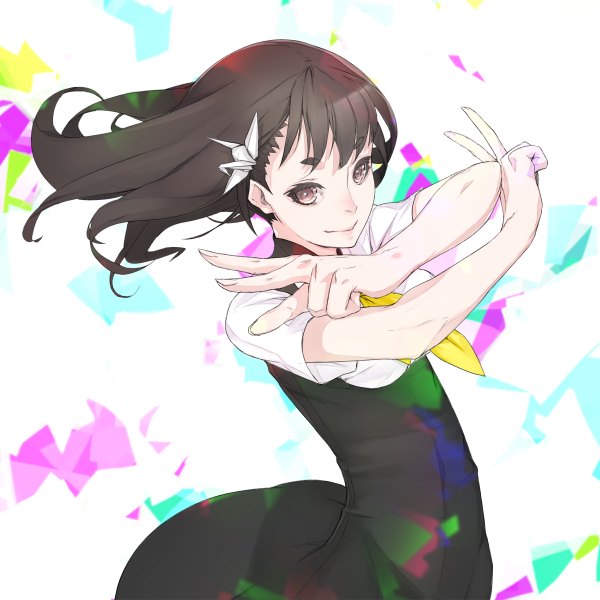 Anime picture 1200x1200 with gatchaman crowds tatsunoko ichinose hajime yucca-612 (neco) single long hair smile brown hair brown eyes looking away from above wind victory eyebrows girl uniform hair ornament school uniform hairclip confetti