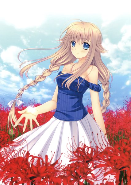 Anime-Bild 2494x3500 mit original nishimata aoi single long hair tall image looking at viewer blush highres blue eyes blonde hair bare shoulders sky cloud (clouds) braid (braids) wind twin braids girl skirt flower (flowers) white skirt