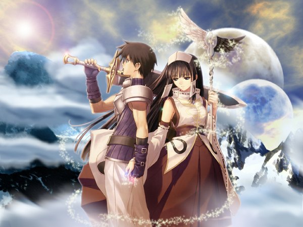 Anime picture 1024x768 with shining (series) shining tears ryuuna (shining tears) xion magus tony taka long hair short hair brown hair cloud (clouds) outdoors wide sleeves magic mountain girl boy gloves weapon detached sleeves sword moon