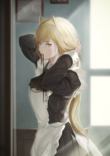 Anime picture 1448x2048 with original marumoru single long hair tall image looking at viewer fringe hair between eyes brown hair standing holding brown eyes animal ears indoors long sleeves sunlight cat ears arms up maid mouth hold