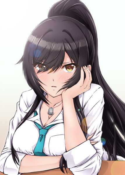 Anime picture 756x1058 with idolmaster idolmaster shiny colors shirase sakuya diesel-turbo single long hair tall image looking at viewer blush fringe breasts black hair simple background white background yellow eyes payot cleavage upper body ponytail hair over one eye