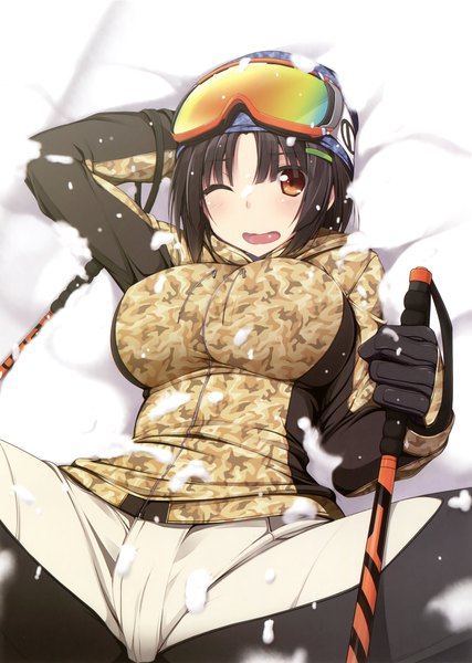 Anime picture 2489x3500 with original naturalton single tall image blush fringe highres short hair breasts open mouth light erotic black hair large breasts brown eyes lying one eye closed scan official art on back snow