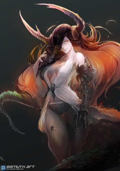 Anime picture 848x1200 with original bamuth single long hair tall image looking at viewer blush fringe breasts light erotic black hair large breasts bare shoulders horn (horns) hair over one eye demon girl girl gloves underwear panties