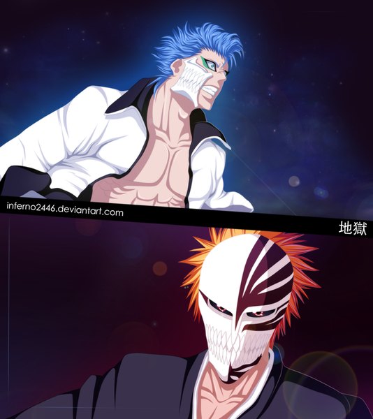 Anime picture 1000x1123 with bleach studio pierrot kurosaki ichigo grimmjow jeagerjaques inferno2446 tall image short hair blue eyes blue hair japanese clothes orange hair multiple boys orange eyes grin coloring light multiview muscle espada boy