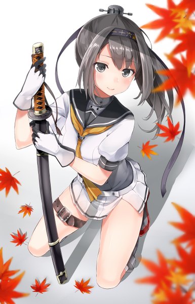Anime picture 900x1400 with kantai collection akizuki destroyer warirui single long hair tall image looking at viewer fringe light erotic simple background smile standing white background holding ponytail pleated skirt grey hair shadow grey eyes kneeling