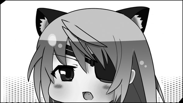 Anime picture 1920x1080 with infinite stratos 8bit laura bodewig single long hair blush highres open mouth wide image animal ears cat ears teeth fang (fangs) monochrome chibi girl