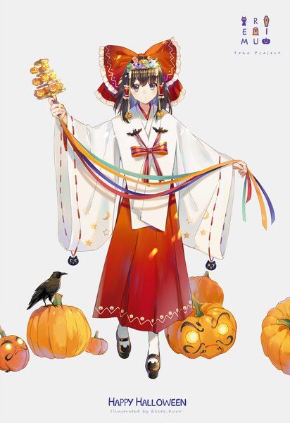 Anime picture 1421x2066 with touhou hakurei reimu ekita xuan single long hair tall image looking at viewer fringe black hair simple background holding signed payot full body long sleeves traditional clothes japanese clothes black eyes grey background wide sleeves