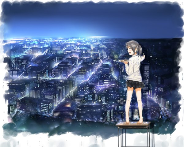 Anime picture 2560x2048 with original ryouma (galley) highres short hair blue eyes twintails grey hair night night sky city short twintails cityscape painting girl thighhighs miniskirt shirt white thighhighs desk picture