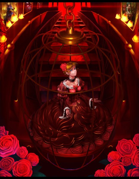 Anime picture 1202x1540 with umineko no naku koro ni beatrice lain (rinlain) tall image short hair blue eyes blonde hair smile hair flower smirk girl dress hair ornament flower (flowers) choker rose (roses) stairs picture cage
