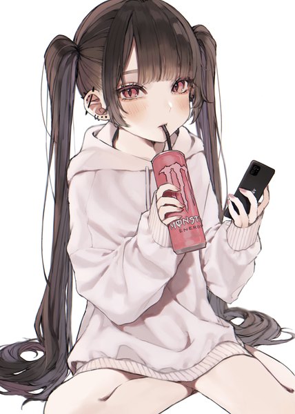 Anime picture 2389x3348 with original monster energy hamunezuko (nezukonezu32) single tall image looking at viewer blush fringe highres simple background brown hair white background sitting twintails blunt bangs long sleeves very long hair pink eyes piercing sleeves past wrists