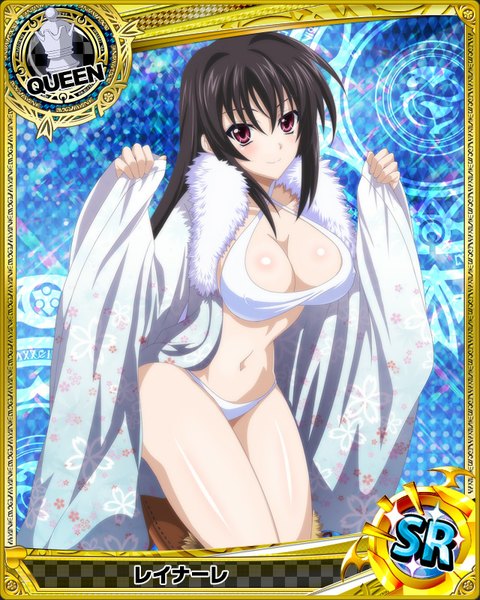 Anime picture 640x800 with highschool dxd raynare (dxd) single long hair tall image looking at viewer breasts light erotic black hair purple eyes cleavage traditional clothes japanese clothes card (medium) girl navel underwear panties lingerie bra