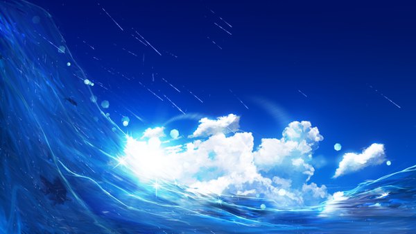 Anime picture 2560x1440 with original y y (ysk ygc) highres wide image sky cloud (clouds) sunlight wallpaper lens flare no people animal sea fish (fishes) wave (waves)