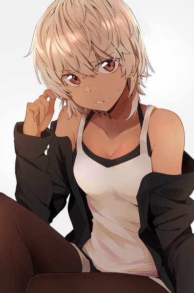 Anime picture 1247x1882 with original kazenoko single tall image looking at viewer blush fringe short hair breasts simple background hair between eyes brown hair white background sitting bare shoulders cleavage silver hair upper body long sleeves parted lips