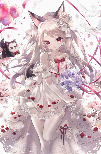 Anime picture 3508x5316 with azur lane yuudachi (azur lane) mini single long hair tall image looking at viewer blush fringe highres breasts open mouth light erotic simple background red eyes standing white background bare shoulders holding animal ears