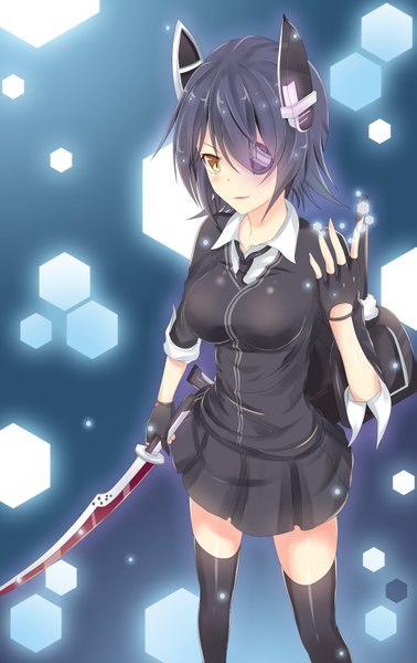 Anime picture 2207x3500 with kantai collection tenryuu light cruiser seedkeng single tall image looking at viewer blush highres short hair black hair yellow eyes girl thighhighs skirt gloves weapon black thighhighs sword fingerless gloves eyepatch