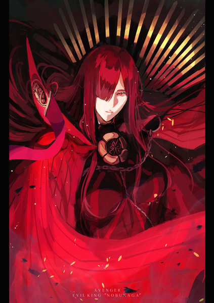 Anime picture 1416x2006 with fate (series) fate/grand order oda nobunaga (fate) (all) oda nobunaga (maou avenger) (fate) wakahiko single long hair tall image fringe red eyes upper body red hair hair over one eye character names pillarboxed girl cape chain