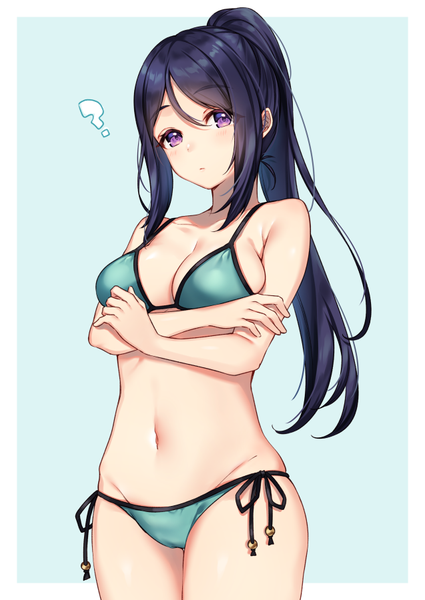 Anime picture 637x900 with love live! sunshine!! sunrise (studio) love live! matsuura kanan moyui (myi 005) single long hair tall image looking at viewer blush fringe breasts light erotic simple background hair between eyes standing purple eyes bare shoulders payot blue hair