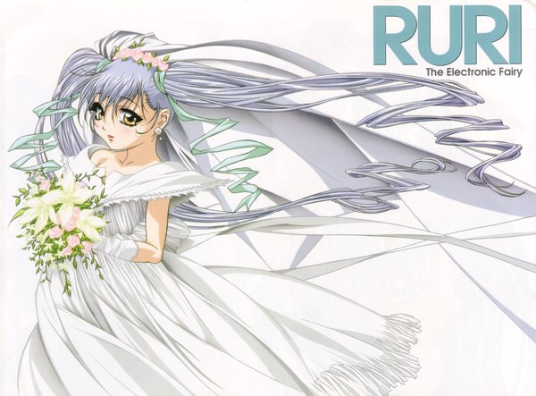 Anime picture 4416x3267 with martian successor nadesico xebec hoshino ruri gotoh keiji single long hair blush highres simple background white background twintails yellow eyes absurdres silver hair inscription girl dress gloves ribbon (ribbons) hair ribbon