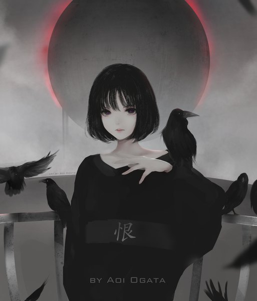 Anime picture 1434x1677 with original aoi ogata single tall image looking at viewer fringe short hair black hair parted lips arm up black eyes pale skin bird on hand girl animal bird (birds) railing crow