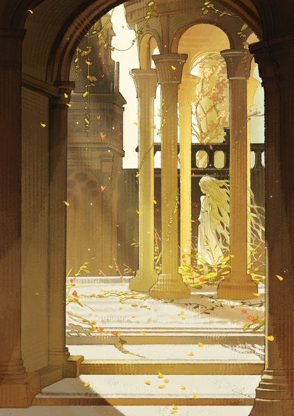 Anime picture 1448x2048 with elden ring miquella (elden ring) la bo chu shi single long hair tall image blonde hair standing full body braid (braids) wind boy leaf (leaves) building (buildings) pillar column arch