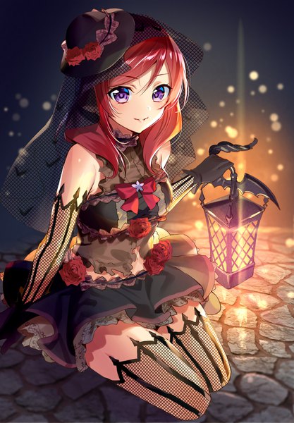 Anime picture 1391x2000 with love live! school idol project sunrise (studio) love live! nishikino maki murakami yuichi single tall image looking at viewer blush fringe short hair breasts smile hair between eyes sitting purple eyes holding red hair parted lips gothic