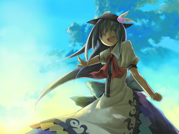Anime picture 1600x1200 with touhou hinanawi tenshi sorano eika single long hair open mouth blue hair sky cloud (clouds) eyes closed girl dress bow hat peach