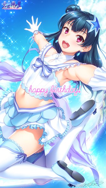 Anime-Bild 720x1280 mit love live! sunshine!! sunrise (studio) love live! tsushima yoshiko hozumi kaoru single long hair tall image looking at viewer black hair smile signed sky pink eyes sparkle armpit (armpits) midriff hair bun (hair buns) spread arms jumping