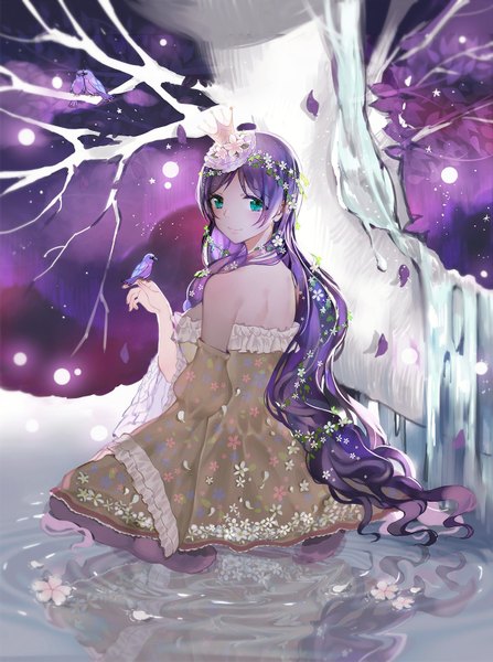 Anime picture 1181x1585 with love live! school idol project sunrise (studio) love live! toujou nozomi ji yue single tall image looking at viewer blush fringe smile sitting bare shoulders green eyes purple hair long sleeves very long hair looking back hair flower wide sleeves