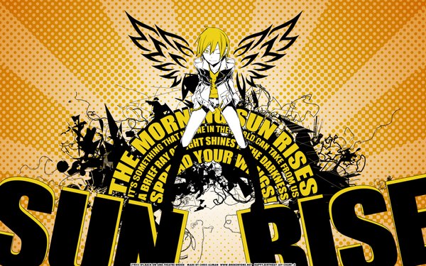 Anime picture 1920x1200 with durarara!! brains base (studio) kida masaomi single highres short hair blonde hair wide image yellow eyes one eye closed wink inscription orange background polychromatic boy wings shorts boots knee boots