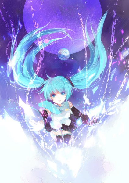 Anime picture 1102x1564 with vocaloid hatsune miku aki single long hair tall image looking at viewer fringe blue eyes smile twintails long sleeves from above aqua hair wide sleeves girl thighhighs black thighhighs detached sleeves necktie