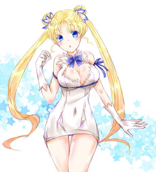 Anime picture 811x890 with bishoujo senshi sailor moon toei animation tsukino usagi sailor moon kiyama momoko single long hair tall image looking at viewer blush breasts blue eyes light erotic blonde hair large breasts white background twintails cleavage head tilt arm up